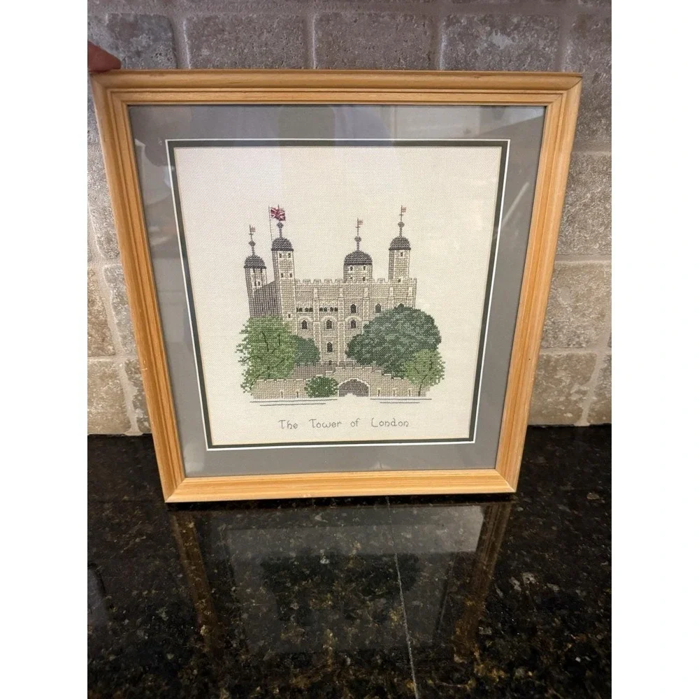 Vintage Framed Cross Stitch Tower‎ Of London 13.5x14 Wall Art UK Cottagecore